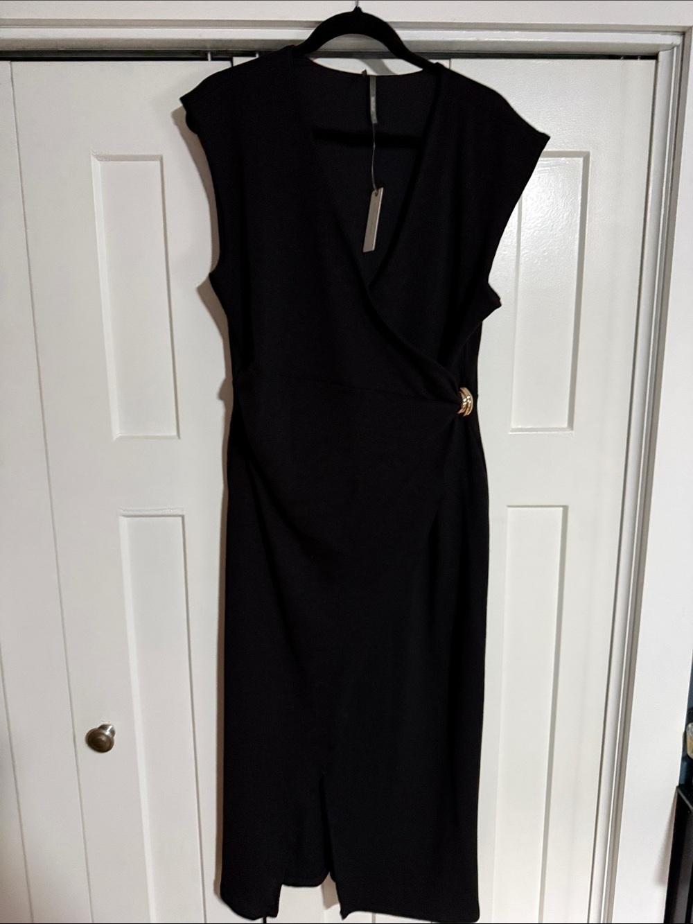 Anthropologie Black Midi Wrap Dress with Gold Buckle